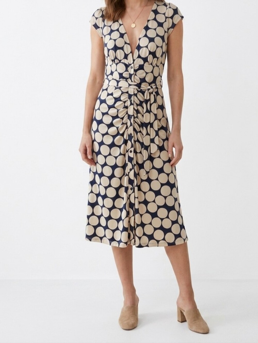 Vintage Navy and Antique White Polka Dot Midi Dress Y2k Quiet Luxury Capsule